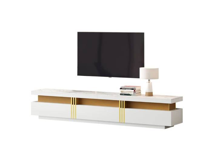 Meuble TV blanc lowboard moderne aspect marbre de 200 cm de long avec 3 tiroirs - Pour téléviseurs jusqu\'à 90 pouces