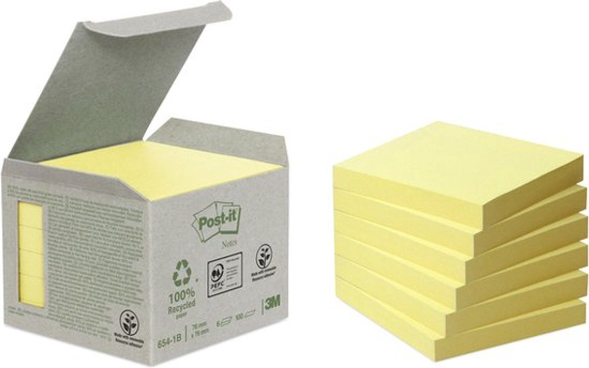 Post-it Memoblok 654-1b Geel Recycled 76 x 76 mm