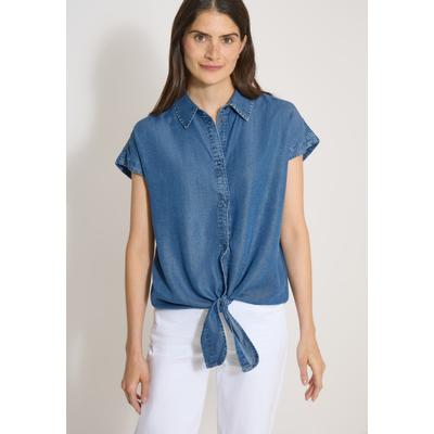 Kurzarmbluse CECIL, Damen, Gr. M (40), blau (mid blau wash), Stoff, 100% Lyocell, unifarben, klassisch normal, V-Ausschnitt, normaler Saum, Blusen, in Denim-Optik