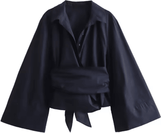 Inspire Picks Womens Double Breasted Poplin Shirt With Bow Tie Casual Polo Neck Blouse black l