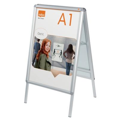 Nobo Premium Plus Plakatständer mit Klapprahmen, Größe A1, Freistehend, Doppelseitig, Aluminiumrahmen, Entspiegelte Kunststoff-Abdeckung, Silber