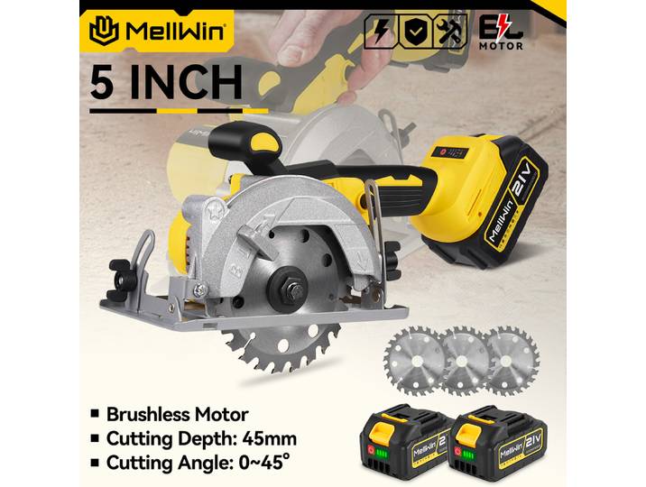MELLWIN 5 pouces scie circulaire électrique sans brosse scie multi-angle sans fil ensemble d'outils électriques pour le travail du bois pour Makita 18V batterie broche