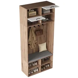 Garderobenset Flurgarderobe 80x35x185 cm Weiß Naturholz mit Schuhbank, Stauraum, 4 Haken, Polster, Aufbewahrung, Flur, Eingangsbereich
