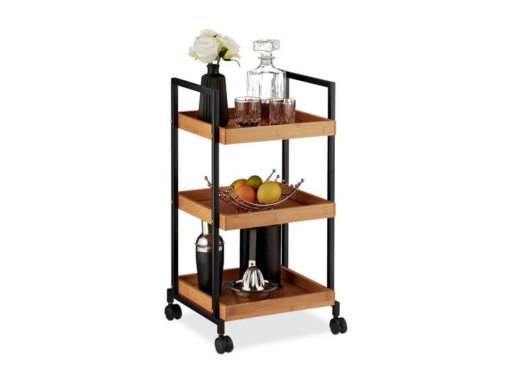 Relaxdays Servierwagen Schwarz Natur 3 Etagen, Hellbraun, Holz, Metall, 37x69.5x34 cm, Esszimmer, Servierwagen