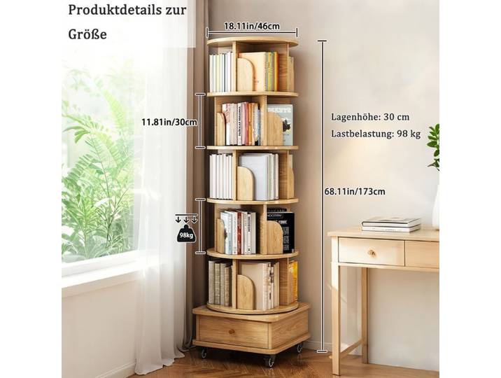 MEULVA Bibliothèque rotative 360° sur roulettes avec tiroir 6 étagères aspect bois 173 cm