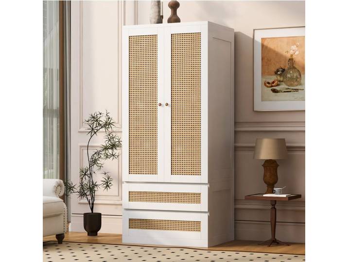 Armoire IVMEU 70 x 55 x 170 cm double porte 2 tiroirs effet rotin blanc