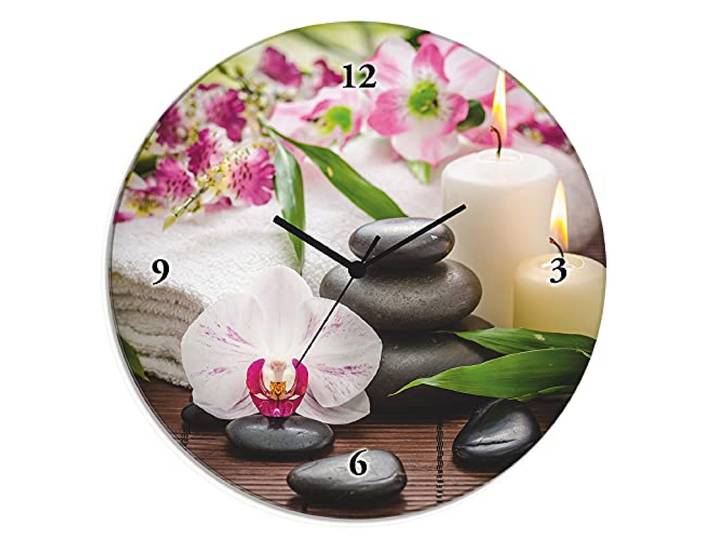 ARTLAND Wanddeko Wanduhr ohne Tickgeräusche Glas Quarzuhr Ø 30 cm Rund Lautlos Zen Steine Orchideen Blumenmotiv Wellness Asien K3AD