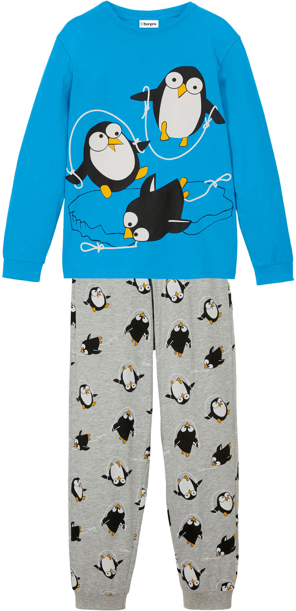 Pyjama BONPRIX "Pyjama mit weicher Baumwolle (2-tlg.Set)", Jungen, Gr. 152/158, blau (mittelblau, hellgrau meliert), Jersey, Obermaterial: 100% Baumwolle. Unterteil: 95% Baumwolle, 5% Viskose, bedruckt, Basic lang, Rundhals, Rippbündchen, Homewear-Sets Py