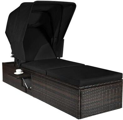 Costway Outdoor Adjustable Cushioned Chaise Lounge Chair with Folding Canopy-Black