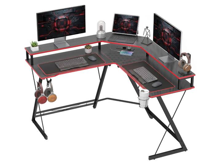 HOMCOM Gaming Tisch L Form Computertisch mit Steckdosen, USB-Anschlüssen