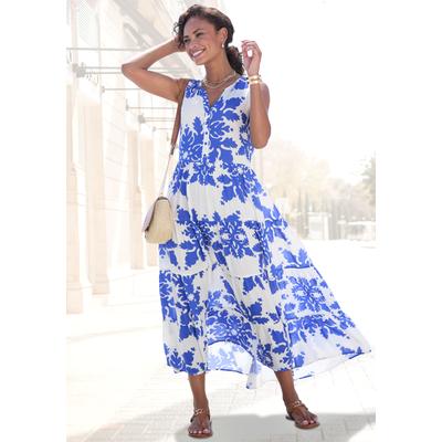 Maxikleid VIVANCE "mit Volants und Alloverdruck", Damen, Gr. 46, N-Gr, blau (creme, blau bedruckt), Web, Obermaterial: 100% Viskose, bedruckt, figurumspielend knöchelfrei, V-Ausschnitt, Kleider Maxikleid, Ärmelloses Sommerkleid, Webkleid,...