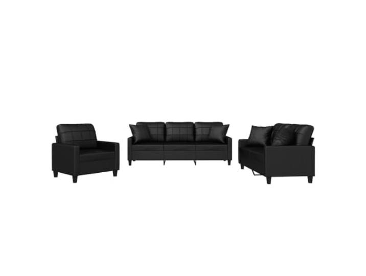 KUTYWEXFM 3-tlg. Sofagarnitur Kunstleder Couch Set Schwarz Stilvolles Polstermöbel Set für das Wohnzimmer mit robustem Metallrahmen und bequemen Zierkissen.