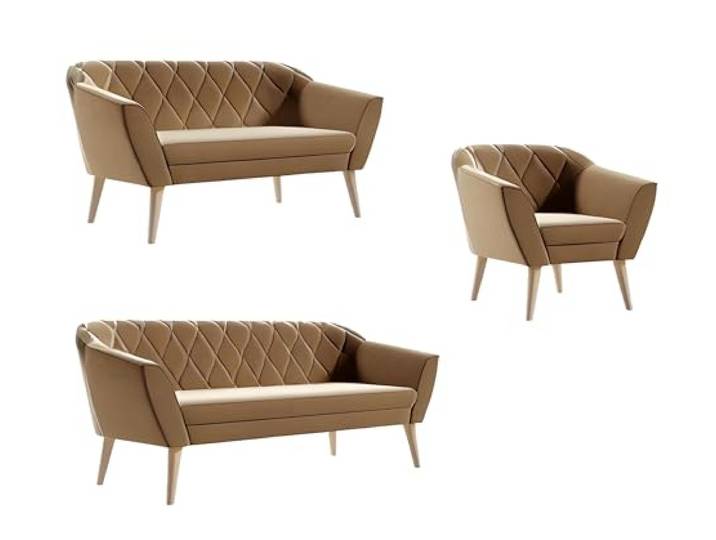 Sofello Couchgarnitur Gloria Wohnzimmerset 3+2+1 Sitzer Samt Hohe Holzfüße Buche (Riviera 24 - Karamell)