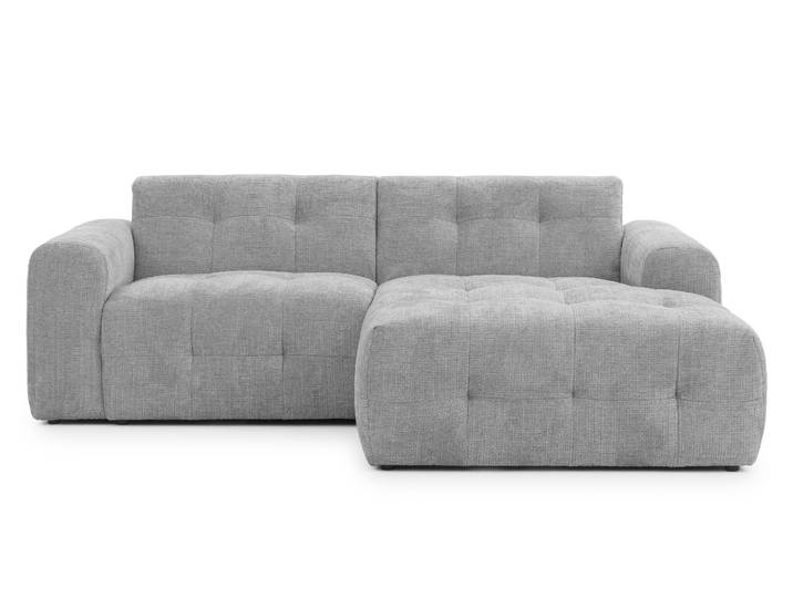 Modernes Ecksofa mit Ottomane rechts, markante Steppungen, Chenille in Hellgrau / 21043
