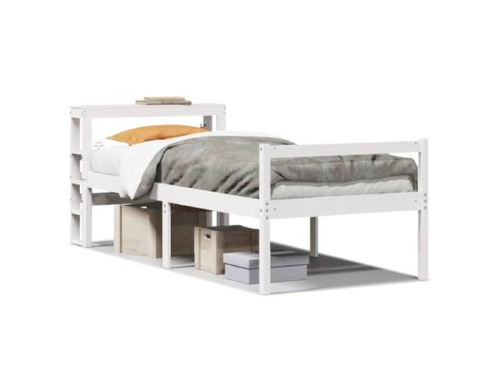PUGYNBK Bett aus Kiefernholz, weiß, 75 x 190 cm, Senioren Sitzhöhe 44 cm, Stauraum unterhalb der Lamellen, Kopfteil und Fußteil