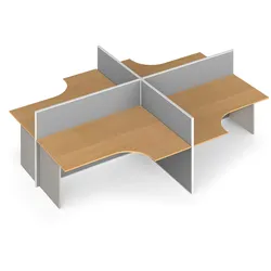 Ergonomischer Eckschreibtisch mit Magnettafel-Trennwänden, 4 Plätze, grau/Buche
