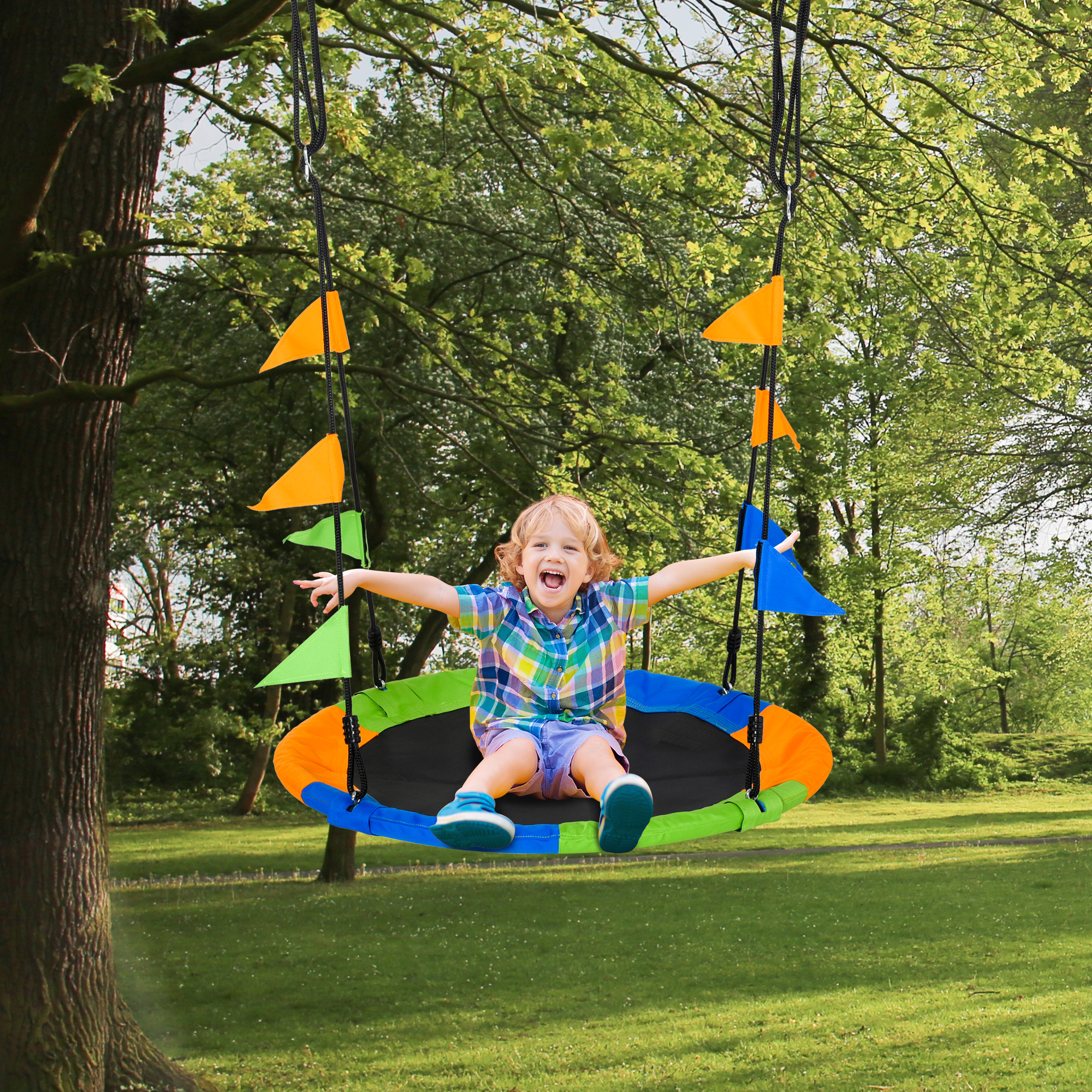 Outsunny Altalena Rotonda a Nido per Bambini di +3 Anni per Giardino, Esterni, Interni, Cameretta, Multicolor Φ100x120-180Acm Aosom