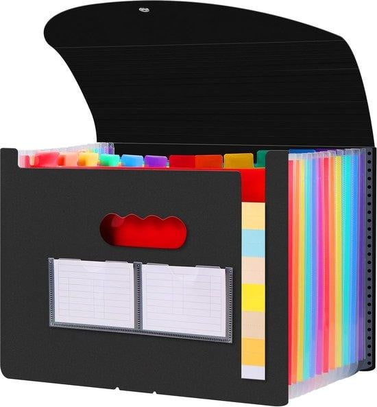 A4 Accordion-ordner met 13 vakken en deksel, zwart plastic documentenbox