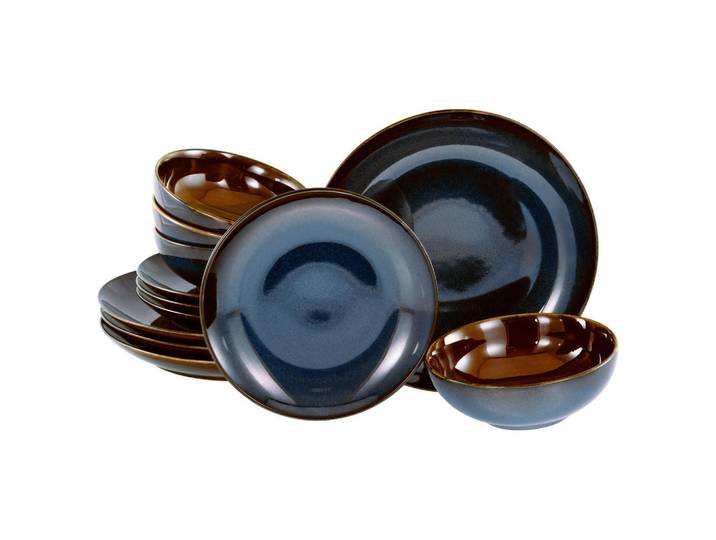 Creatable Tafelservice Mallorca, Blau, Braun, Keramik, 12-teilig, handbemalt, lebensmittelecht, stapelbar, Essen & Trinken, Geschirr, Geschirr-Sets, Tafelservice