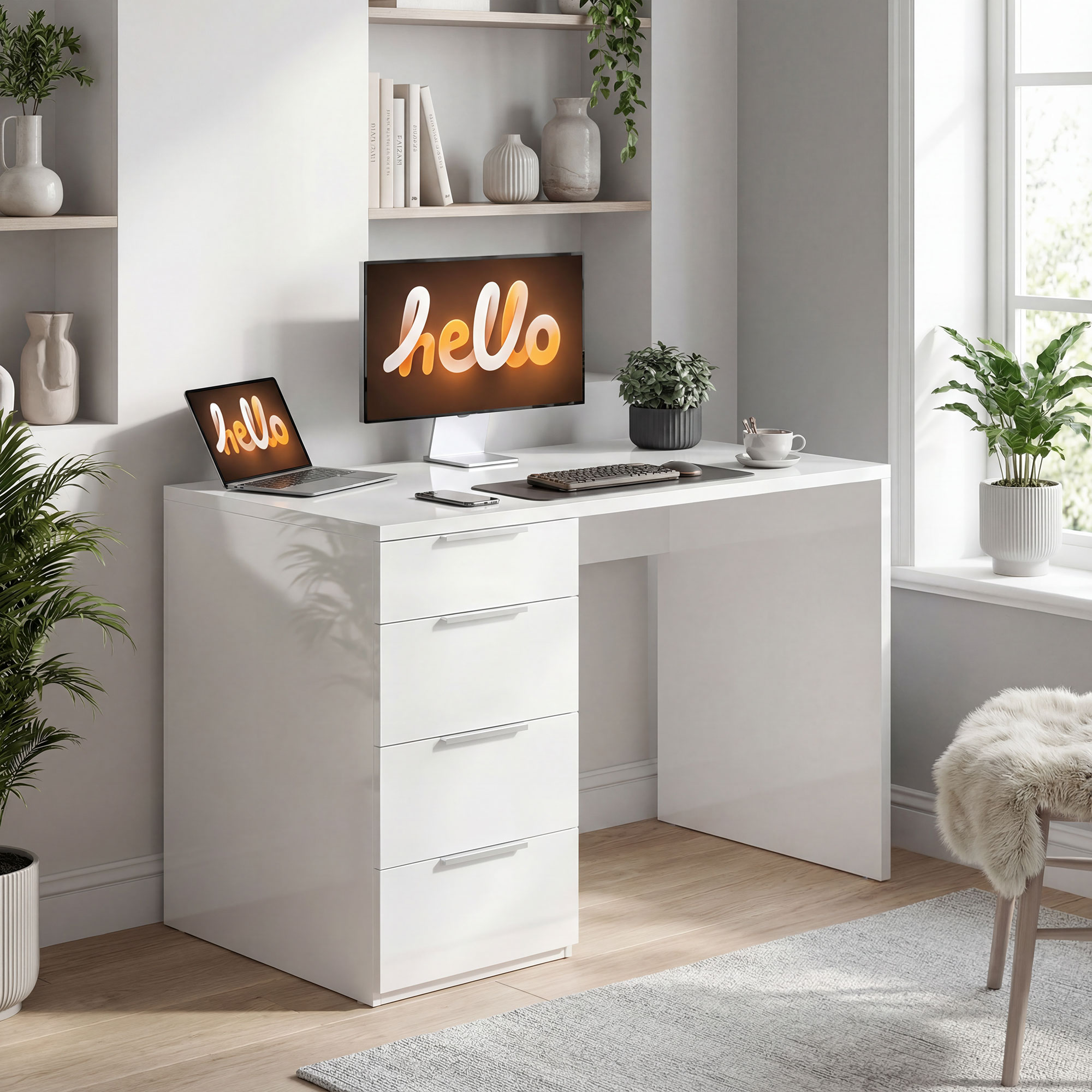 Homcom Scrivania con 4 Cassetti per Camera e Ufficio, 110x61.5x75 cm, Bianco Lucido   Aosom Italy