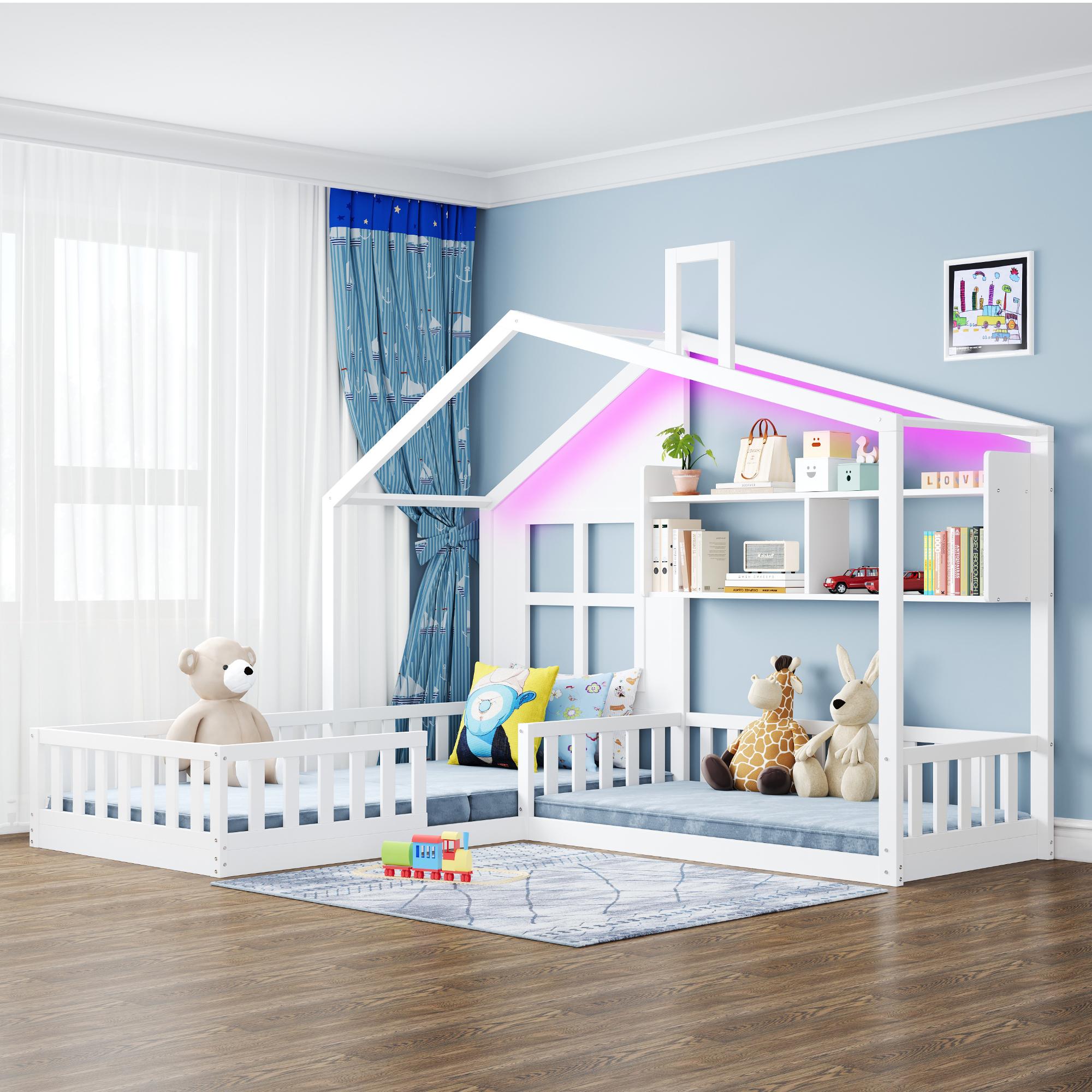 Merax Kinderbett 90x200cm mit LED Licht, Hausbett mit Fenster und Regal, Massivholz Bett Bodenbett mit Sicherheitsgitter, Hausbett mit Lattenrost, Weiß