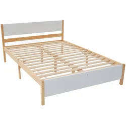 MODFU Doppelbett 140x200 Kiefer Holzbett MDF Kopf- und Fußteil Lattenrost Mittelfuß Schlafzimmer Weiß Natur robust