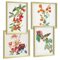 BILDER SET 4er Set - 50x50 cm & 40x60 cm Goldrahmen - Gemalte Blumen, Retro-Vogel