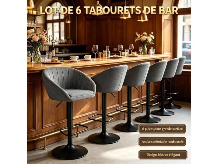 PIPIPOXER Lot de 6 Tabouret de bartissu lin foncé coquille chaise comptoir réglable pivot 360° café bistrot usage domestique