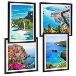 BILDER SET 4er Set - 50x50 cm & 40x60 cm Schwarzer Rahmen - Palmen am Meer, blaues Wasser