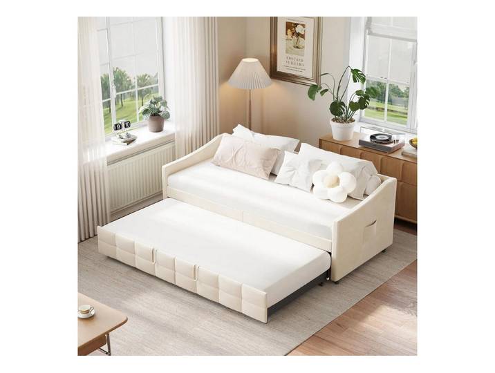 LuxusKollektion Schlafsofa Schlafcouch Ausziehbar Ausziehbett 180x200 Flanell Creme Neu