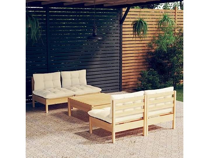 WDGJJFECNMUEHI Pin massif modulable 5 Pieces Creme Salon de jardin 5 pieces bois de pin massif avec coussins creme, ensemble modulable exterieur avec pouf, canape lounge pour