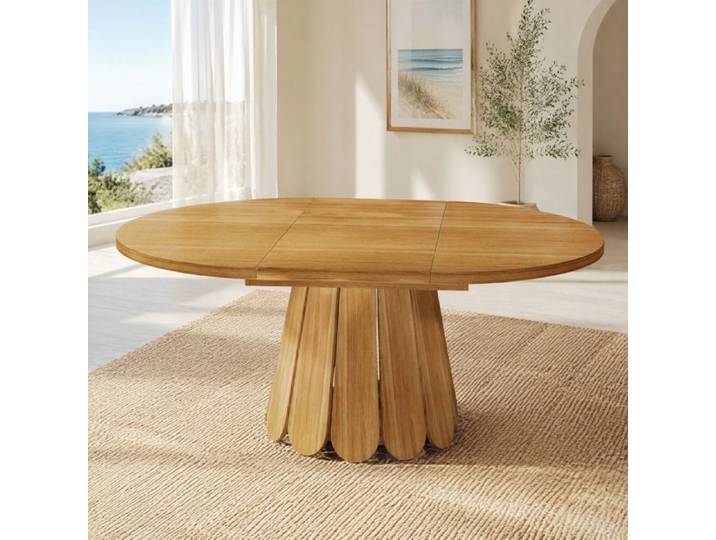 Table à manger extensible - ZEVKOR - Ronde/Ovale extensible - MDF aspect bois vintage - 6 places - Rallonge & rangement
