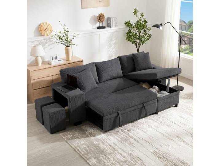 Canapé convertible 3 places d angle avec coffre ports USB Type-C velours côtelé gris
