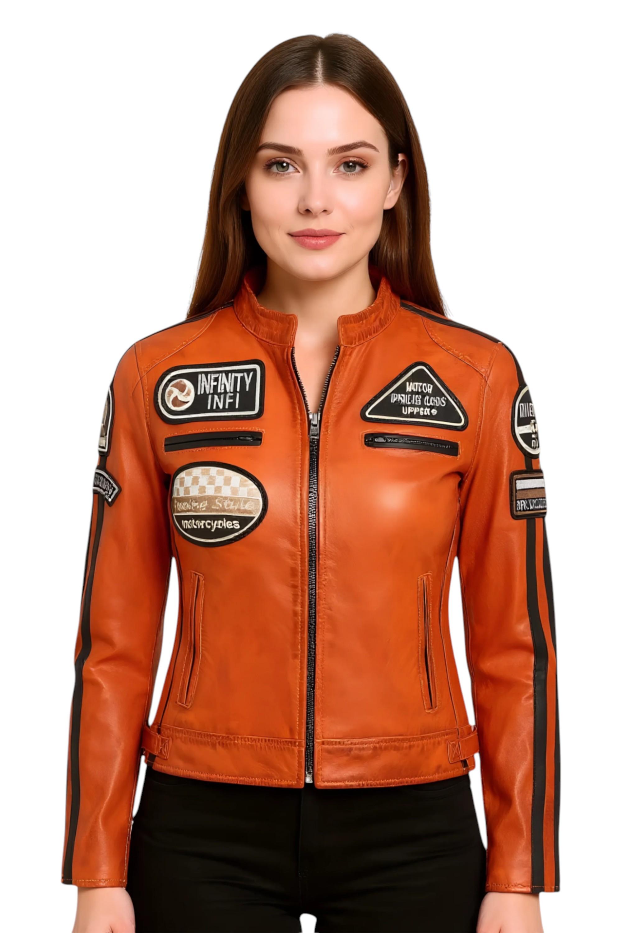 Infinity Leather Bikerjacke aus Leder mit Rennabzeichen – Dalby, Damen - Orange