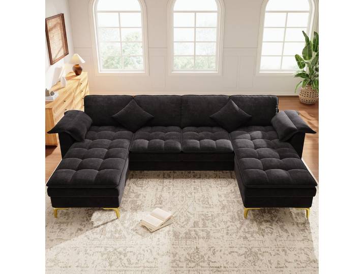 OKWISH Ecksofa Kompaktes U-Sofa mit 2 Chaiselongues & Kissen, 1 Teile, Chenille, Doppelschichtkissen, goldene Füße