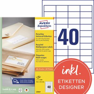 Zweckform Universaletiketten LR3657 Recycling weiß, 48,5 x 25,4mm, 100 Blatt, 4000 Stück