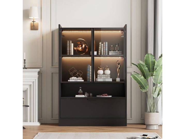 Armoire vitrine - PAGE Living - Noir mat - H120 cm - LED 16 couleurs télécommande