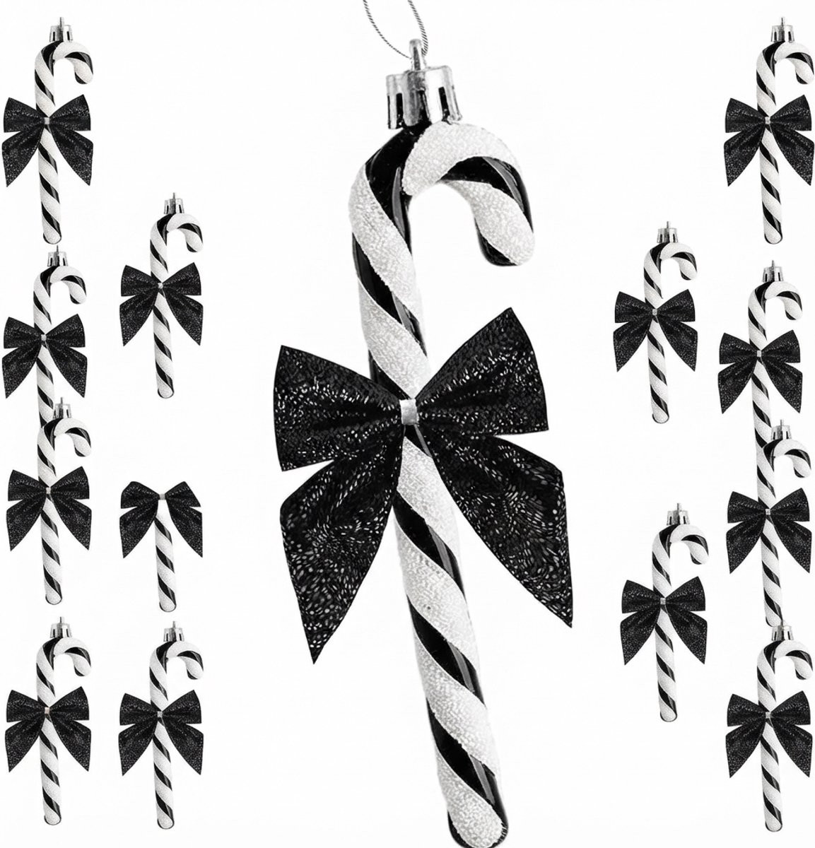 Livatto 12 stuks kerst glitter snoepstok ornamenten met zwarte strik - plastic candy cane kerstboomhangers - 12 cm