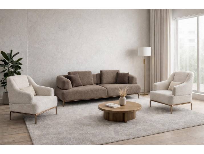 Xlmoebel Polstergarnitur Beige-braunes Sofaset mit 2 Sesseln und goldenen Metallbeinen, (Sofaset, 3-tlg., 3-tlg. Sofaset), Made in Europa