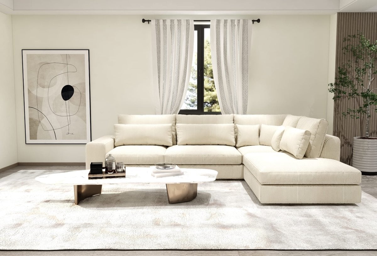 Moderne hoekbank Martino lounge rechts in beige corduroy ribstof