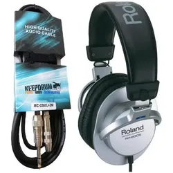 Roland RH-200S Silver mit 3m Verlängerungskabel (Kabelgebunden), Kopfhörer, Silber