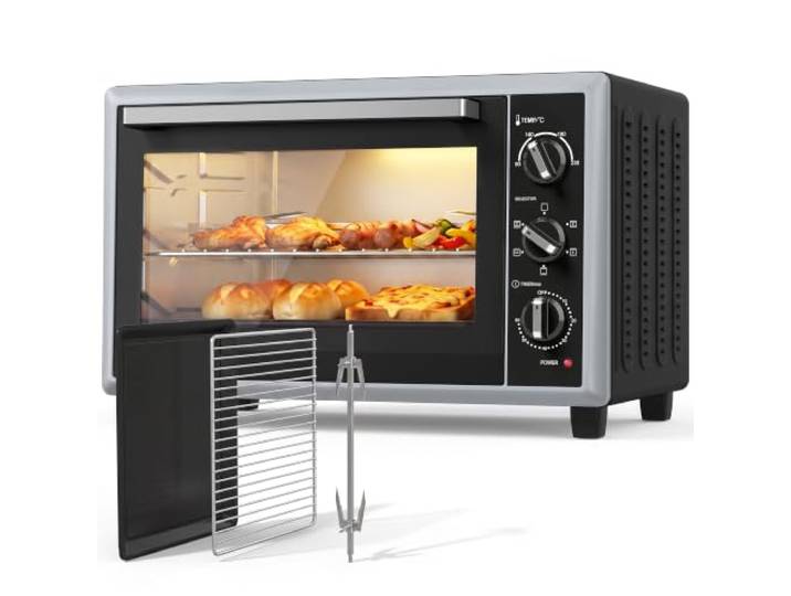 HOMCOM Mini-Backofen 46 L mit Umluft, Drehspieß, 1800 W, Schwarz Elektrischer Mini-Backofen, 90–230 °C einstellbar, 60-Minuten-Timer