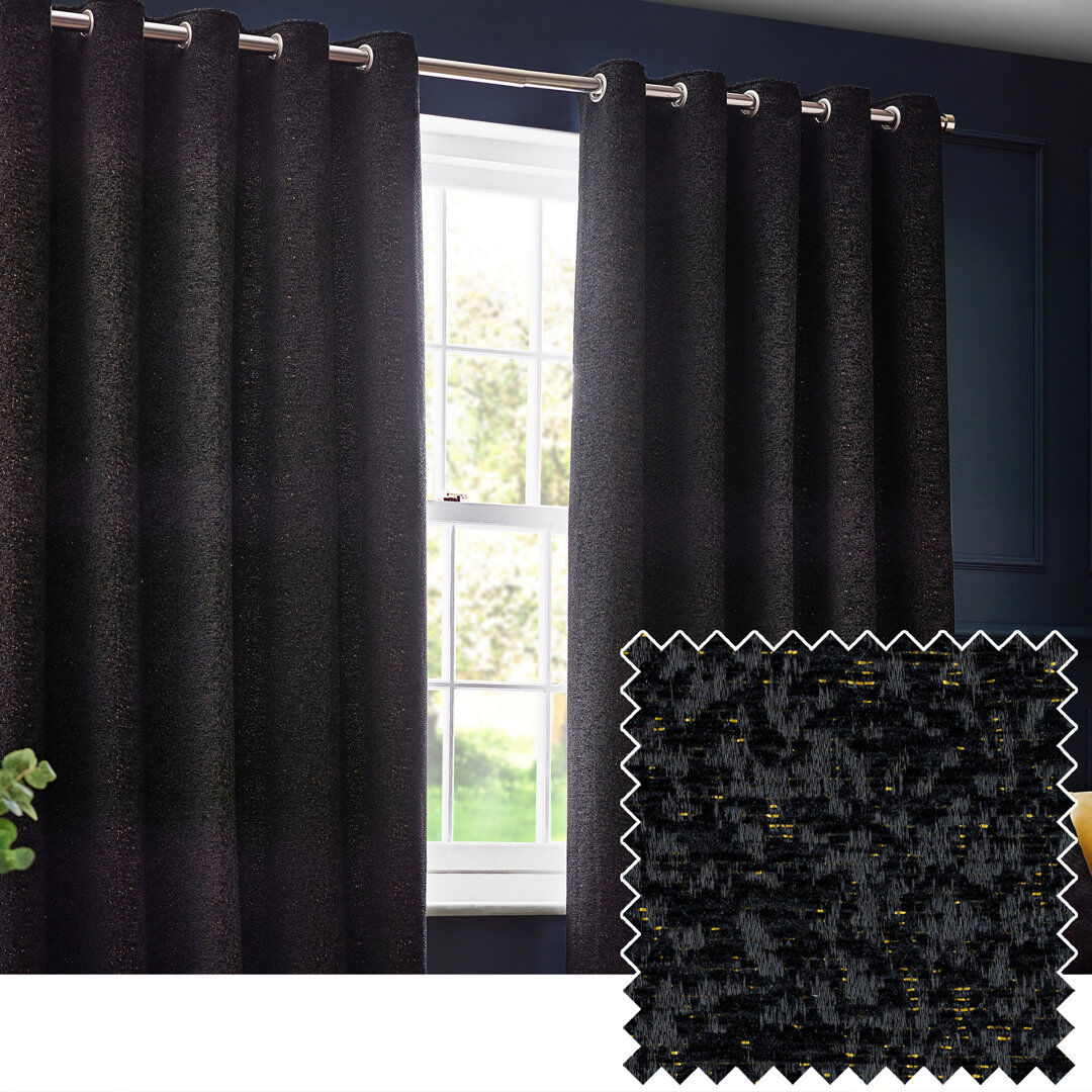 Paoletti Chenille Room Darkening Eye Curtains Black 229cm Width x 137cm Drop