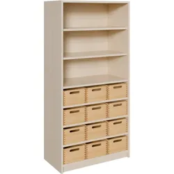 Korpus-Regal mit Materialkästen und offenen Fächern