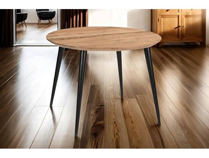 SAM Runder Esstisch Kimberly Ø 105 cm Akazie natur 4-Fuß-Gestell schwarz Esszimmertisch massiv, Schweizer Kante, konisches Metallgestell, pflegeleichter Holztisch