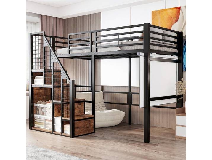 Lit mezzanine 90x200 noir avec échelle et rangement lit enfant en métal