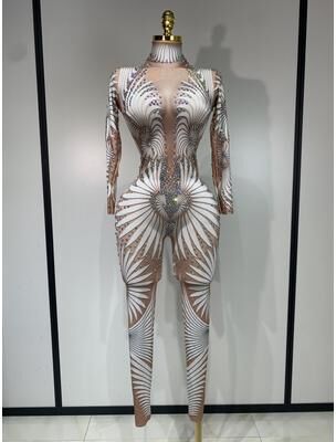 Fashion Sheath Sparkly Diamond Jumpsuit Sexy Mesh Stage Performance Costume white s