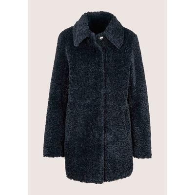 Langmantel MADELEINE "Mantel Kurzer Teddymantel mit Druckknöpfen", Damen, Gr. 42, dunkelblau, Modern, regular fit, V-Ausschnitt, Mäntel