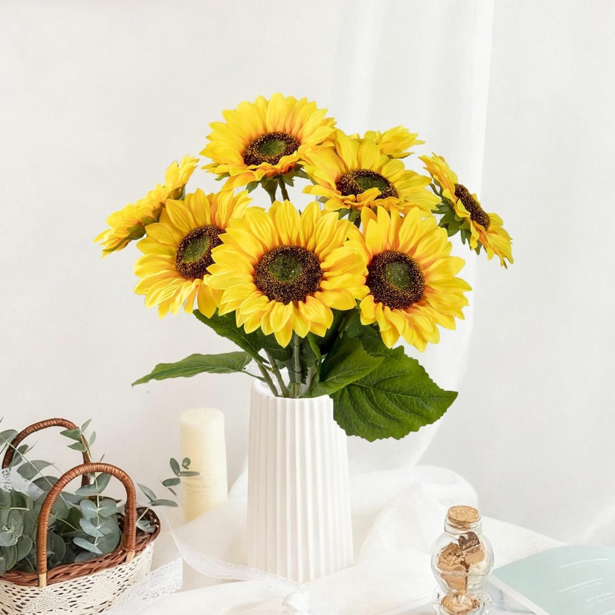 Set van 8 realistische kunstzonnebloemen voor decoratie, 47 cm