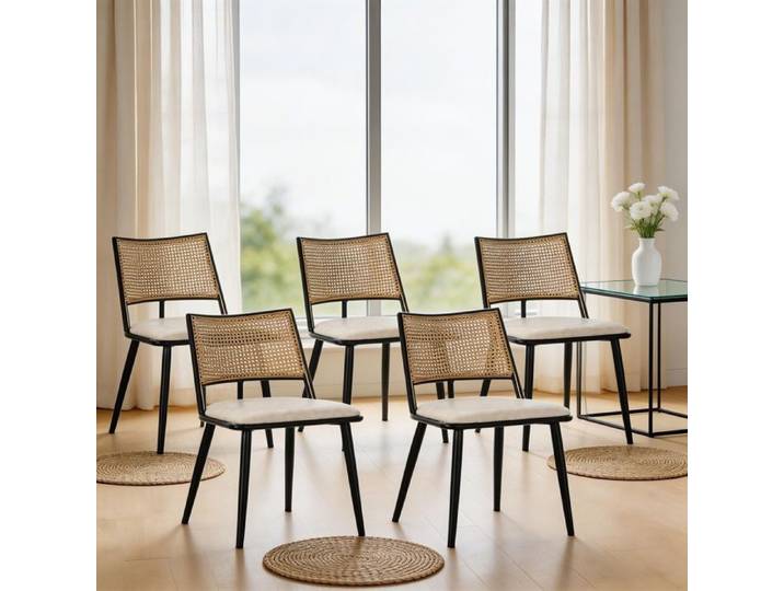 Sièges pour salle à manger - Rotin - Assise PU rembourrée - Structure métal - Lot 6 noir